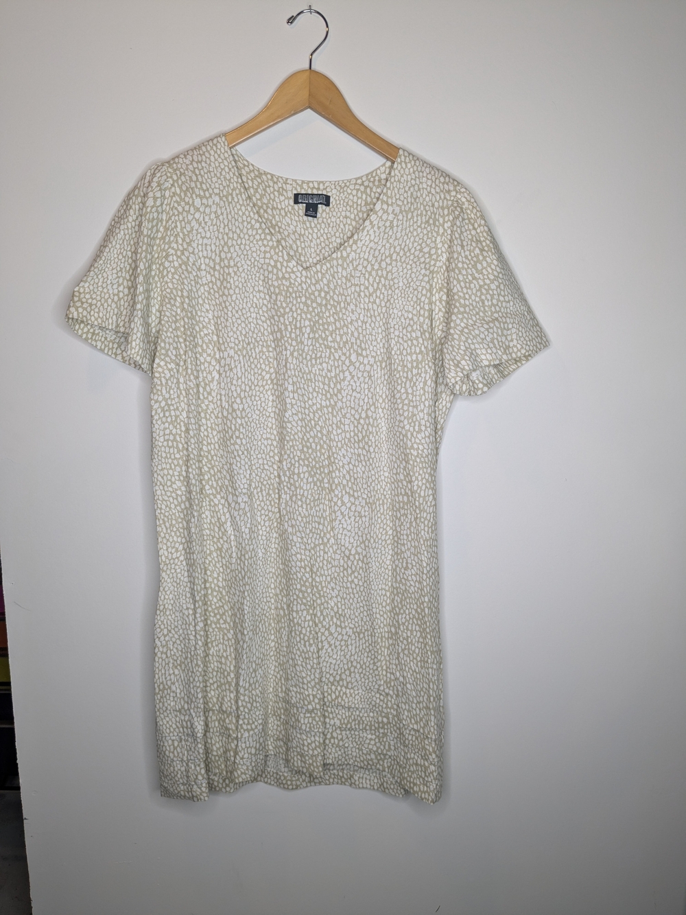 Nicole Miller Cream & Beige Textured V-Neck Tee Dress Linen Blend Size Large